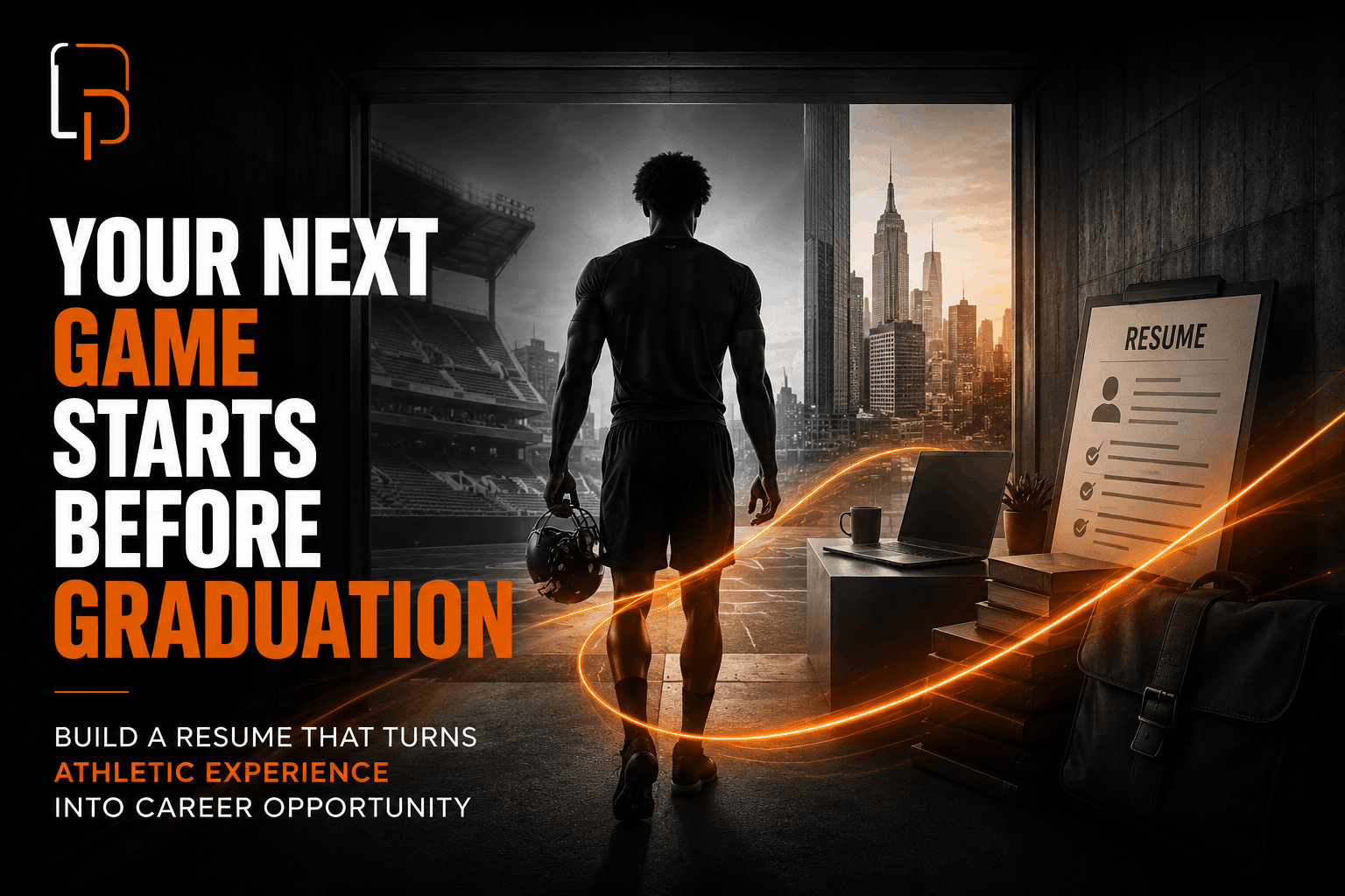image1 Student-athlete walking from stadium tunnel toward career opportunity with resume and laptop, showing how athletic experience becomes professional value.