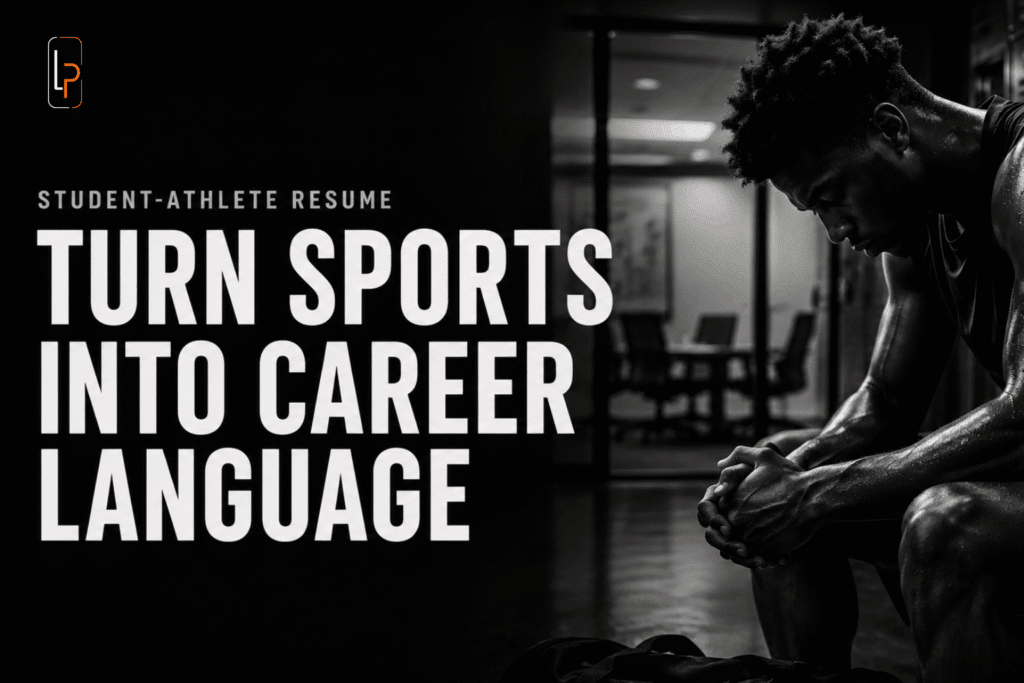 Black-and-white cover image of a focused student-athlete in a locker room with the headline Turn Sports Into Career Language for student-athlete resume and interview preparation.