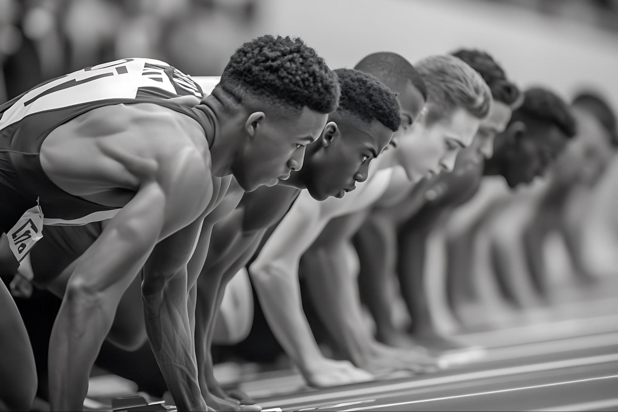 image2 Student-athletes crouched at the starting line of a track, preparing to build self-starter skills and career readiness before life after sports.