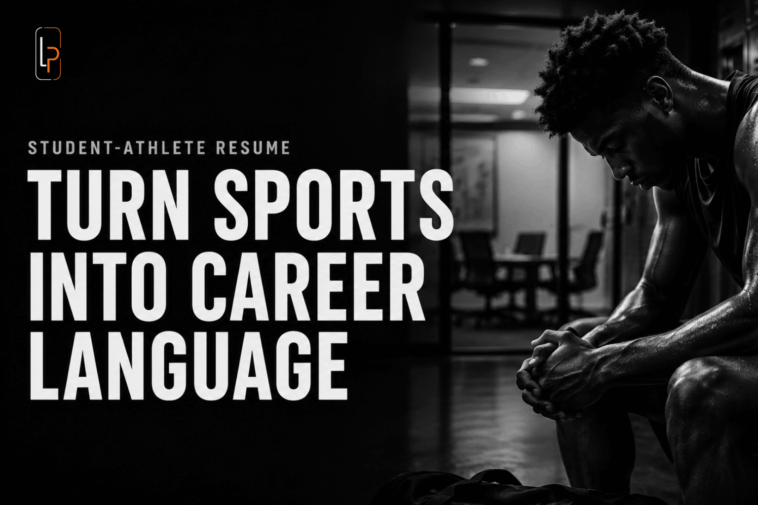 image2 Black-and-white cover image of a focused student-athlete in a locker room with the headline Turn Sports Into Career Language for student-athlete resume and interview preparation.